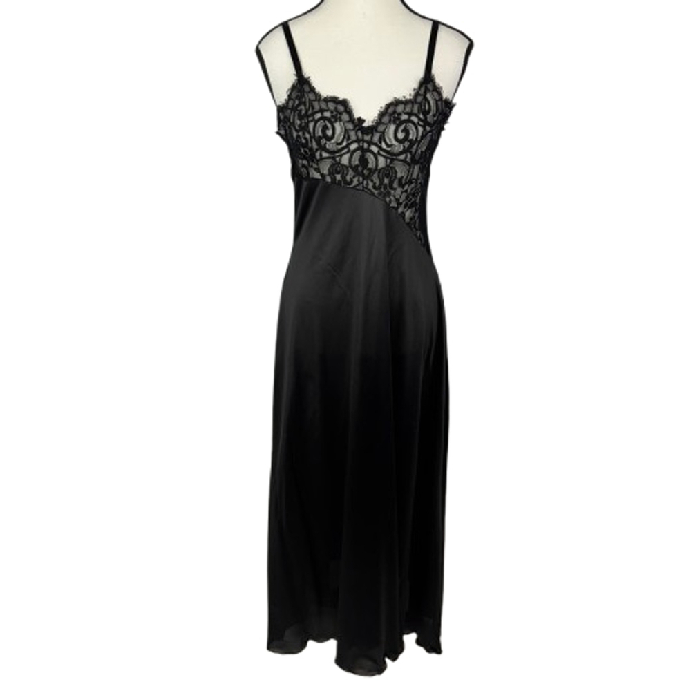 Vintage Black Lace Slip Dress Small Coquette Nightgown Lingerie Romantic USA - Picture 2 of 10